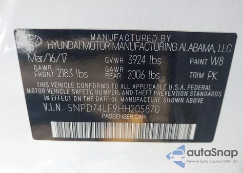 2017 Hyundai Elantra Se z USA, uszkodzony, nr VIN 5NPD74LF9HH205870